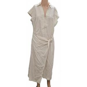 Universal Thread Women's XL Cream Stripe Wrap Waist Midi Fashion Shirt Dress